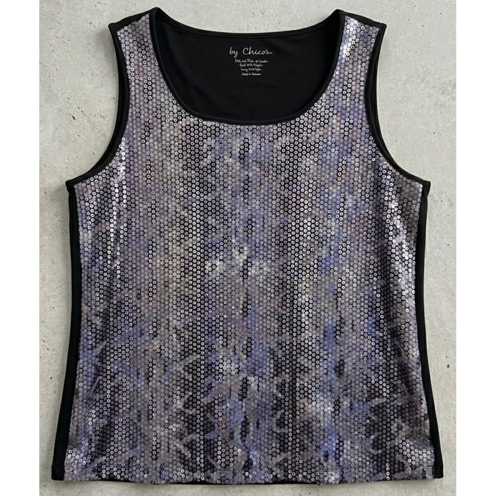 Chico's Sequin Tank Top Womens Size 1 Medium Black Silver Snakeskin Sleeveless